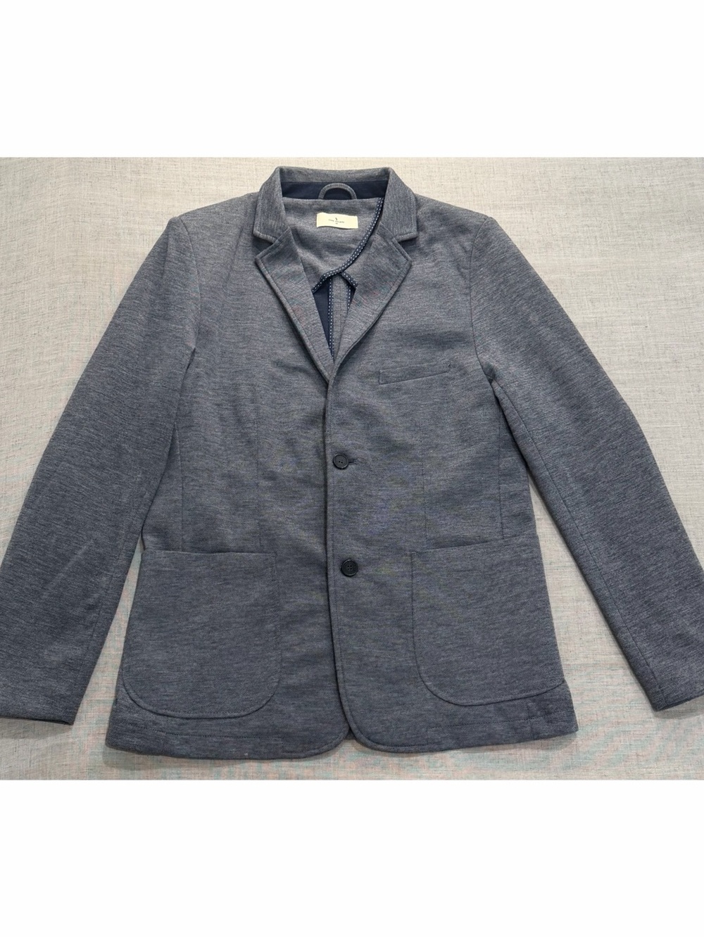 Society Textured Navy Blazer with Polka-Dot Trim